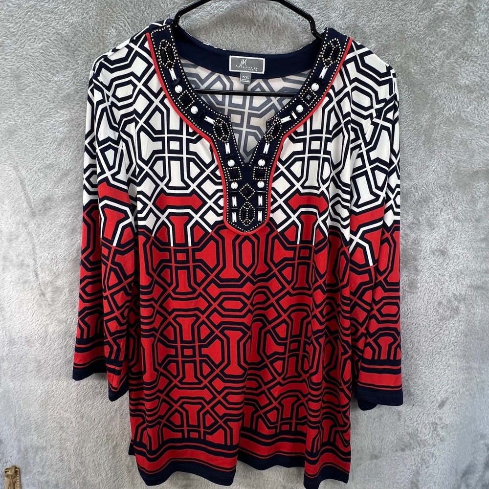 JM Collection Petite XL Red Navy Geometric Beaded Split V-Neck 3/4 Sleeve Tunic - Picture 2 of 8